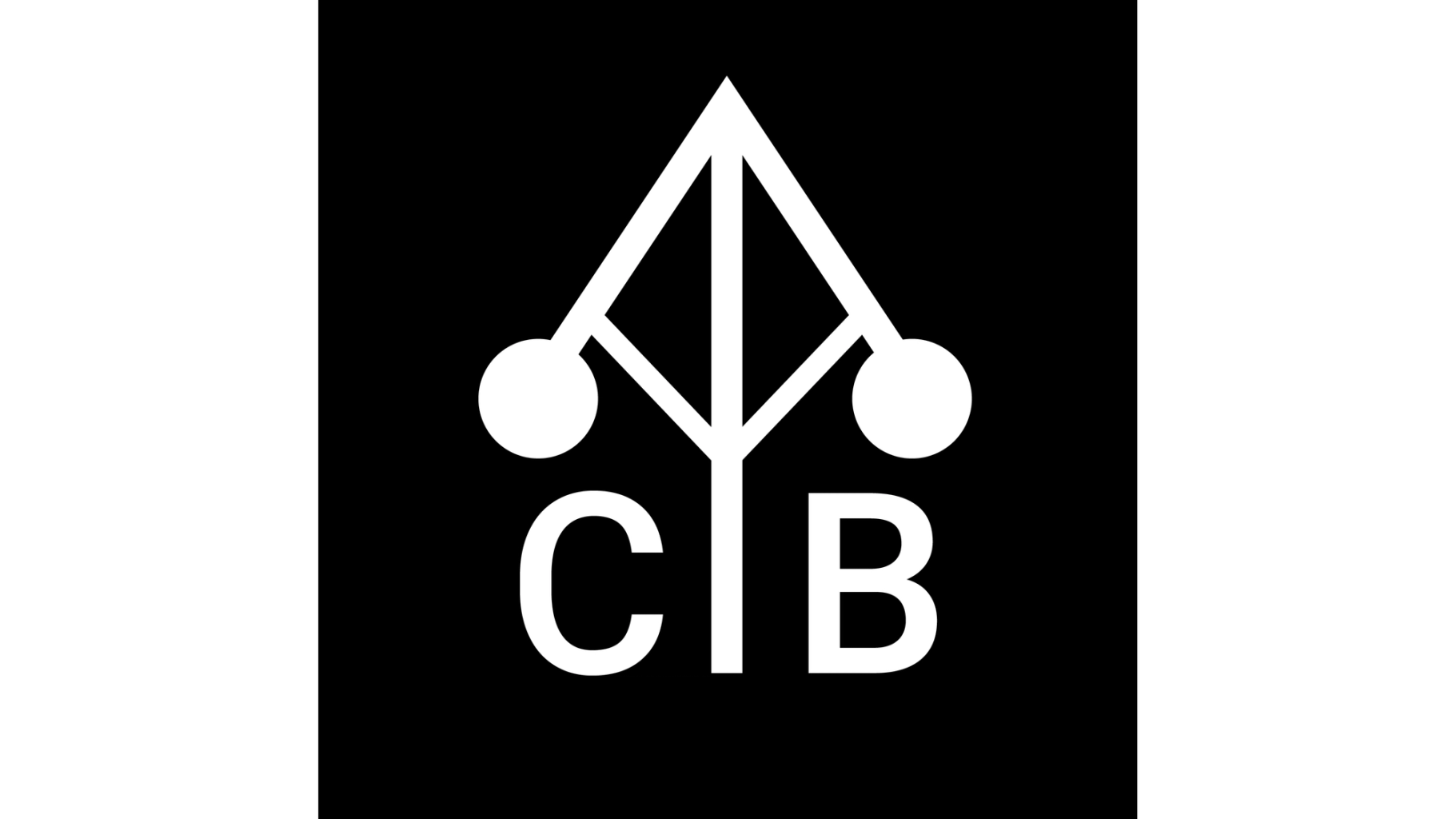 Hvit CIB-logo med en stilisert geometrisk figur og to sirkler over bokstavene CIB på svart bakgrunn.