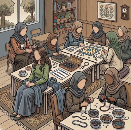 Illustrasjon av en gruppe kvinner med hijab som sitter rundt et bord innendørs, spiller brettspill og lager perlekjeder, mens en kvinne fletter håret til en annen i en varm og rolig atmosfære.