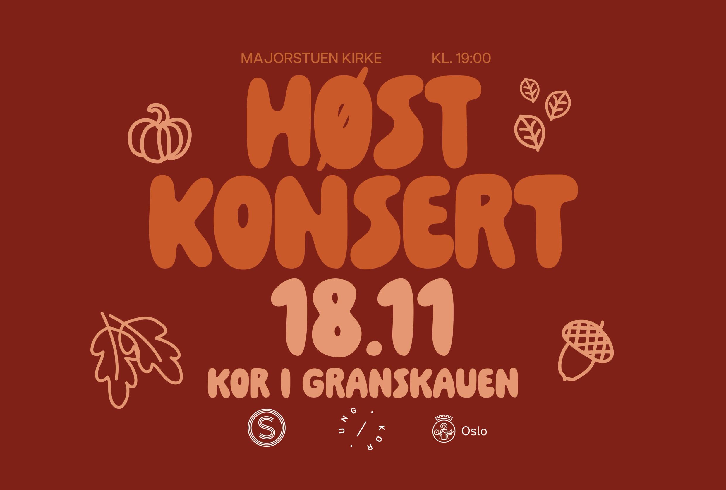 Plakat for høstkonsert med Kor i Granskauen i Majorstuen kirke 18. november kl. 19.00, dekorert med illustrasjoner av gresskar, blader og et eikenøtt.