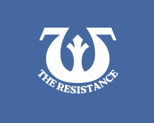 A stylized white emblem resembling a horseshoe or abstract wings appears on a blue background, with the words “THE RESISTANCE” curved beneath it in bold white letters.