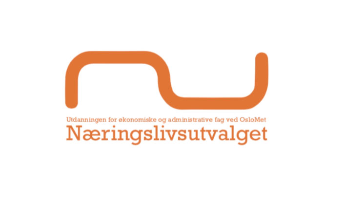 Logo for Næringslivsutvalget ved OsloMet, med en oransje, bøyd linje over teksten «Utdanningen for økonomiske og administrative fag ved OsloMet Næringslivsutvalget» på hvit bakgrunn.