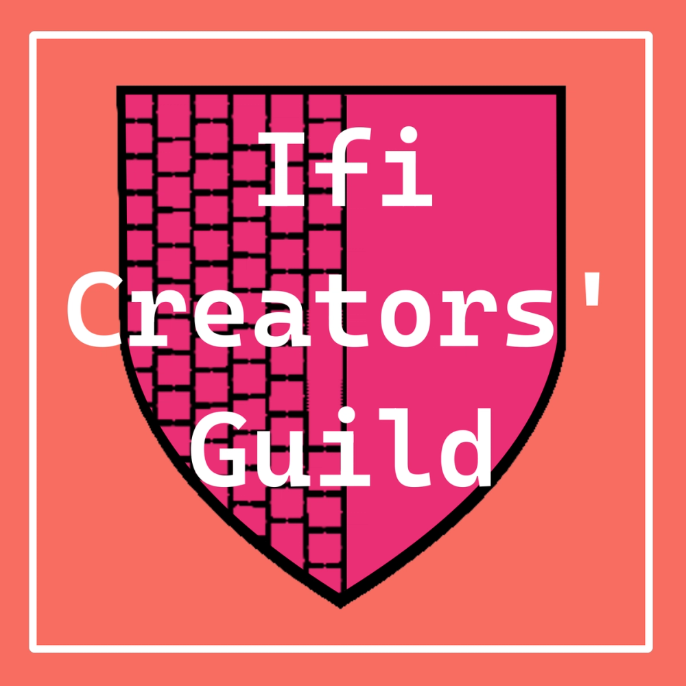 Logo med et rosa skjold delt i to, der venstre side har et svart rutemønster, og hvit tekst over skjoldet som sier «Ifi Creators' Guild» på korallfarget bakgrunn.