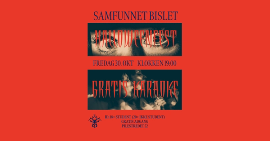 Rød arrangementsplakat for Samfunnet Bislet med nærbilder av øyne og festende mennesker, og teksten «Halloweenfest» og «Gratis karaoke». Festen holdes fredag 30. oktober klokken 19.00 i Pilestredet 52, med 18-årsgrense og gratis adgang.