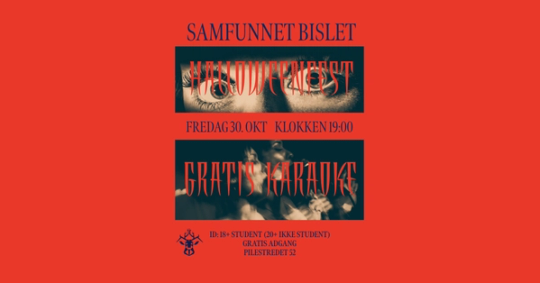 Rød arrangementsplakat for Samfunnet Bislet med nærbilder av øyne og festende mennesker, og teksten «Halloweenfest» og «Gratis karaoke». Festen holdes fredag 30. oktober klokken 19.00 i Pilestredet 52, med 18-årsgrense og gratis adgang.