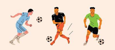 Illustrasjon av tre fotballspillere i fargerike drakter som løper og dribler hver sin fotball på en lys bakgrunn.