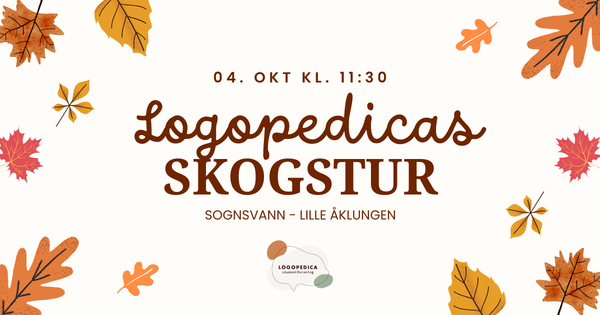 Plakat med høstblader som annonserer «Logopedicas skogstur» fra Sognsvann til Lille Åklungen 4. oktober kl. 11.30.