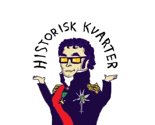Tegnet figur av en historisk offiser med krøllete hår og gule briller som trekker på skuldrene, omgitt av teksten «Historisk kvarter» i en bue over hodet.