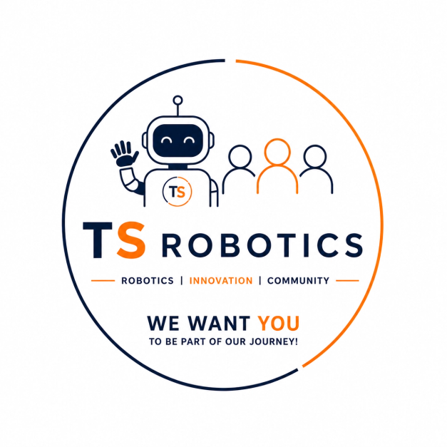 Logo for TS Robotics med en smilende robot som hilser foran en gruppe stiliserte mennesker, med teksten «TS Robotics – Robotics | Innovation | Community» og slagordet «We want you to be part of our journey!».