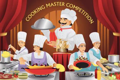 Illustrasjon av en kokkekonkurranse der flere kokker i hvite hatter lager mat på hvert sitt kjøkken, mens en hovedkokk i midten holder et sølvfat foran en stor pokal under teksten «Cooking Master Competition».
