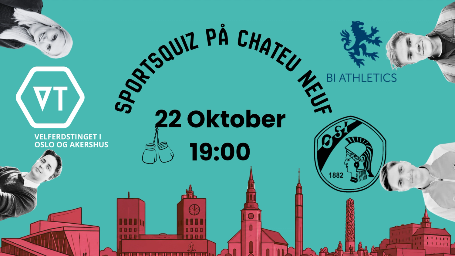Plakat for «Sportsquiz på Chateau Neuf» 22. oktober kl. 19.00, med logoene til Velferdstinget i Oslo og Akershus, BI Athletics og Oslostudentenes idrettsklubb.