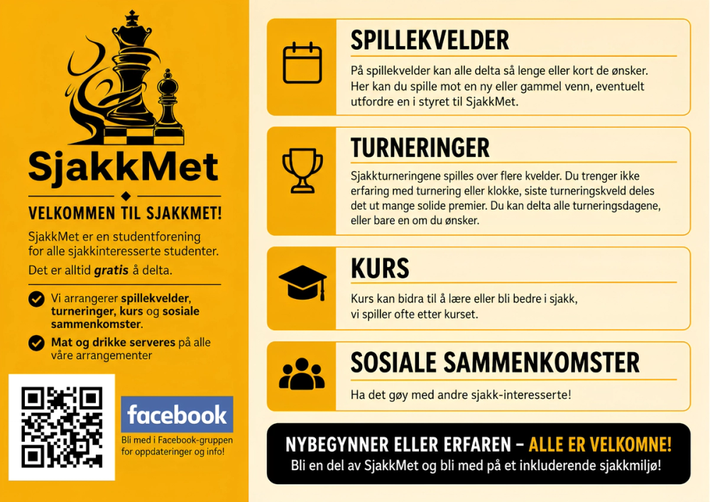 Gul informasjonsplakat for studentforeningen SjakkMet, med sjakkbrikker, QR-kode og informasjon om gratis spillekvelder, turneringer, kurs og sosiale sammenkomster. Plakaten understreker at både nybegynnere og erfarne er velkomne.