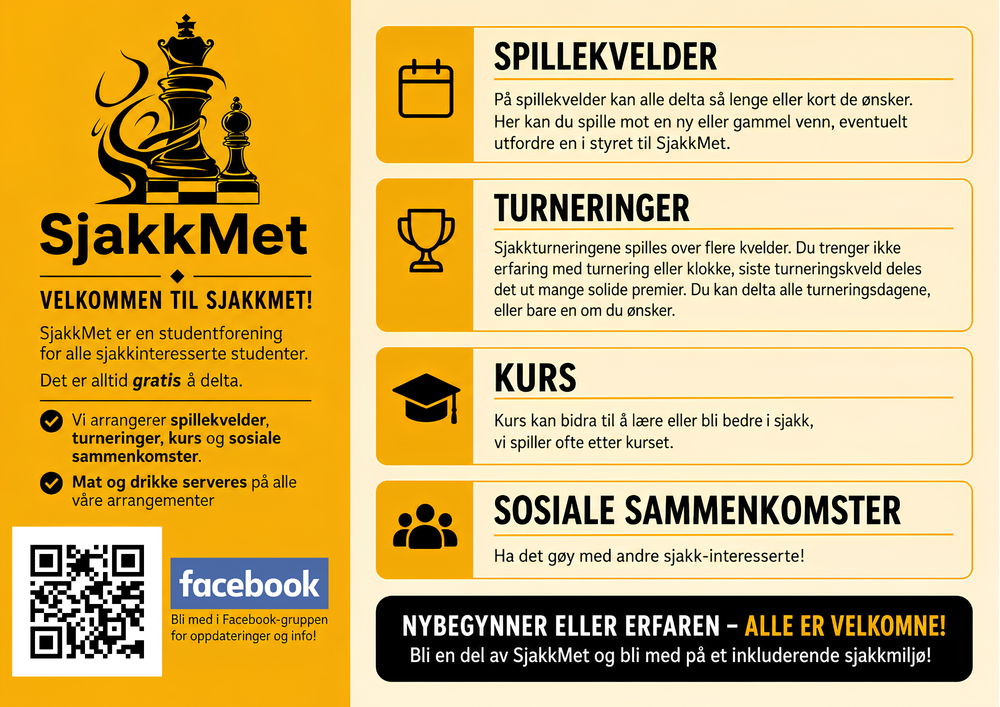 Gul informasjonsplakat for studentforeningen SjakkMet, med sjakkbrikker, QR-kode og informasjon om gratis spillekvelder, turneringer, kurs og sosiale sammenkomster. Plakaten understreker at både nybegynnere og erfarne er velkomne.