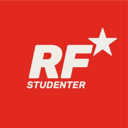 Logoen til Rød Front Studenter med hvit tekst «RF STUDENTER» og en hvit stjerne på rød bakgrunn.