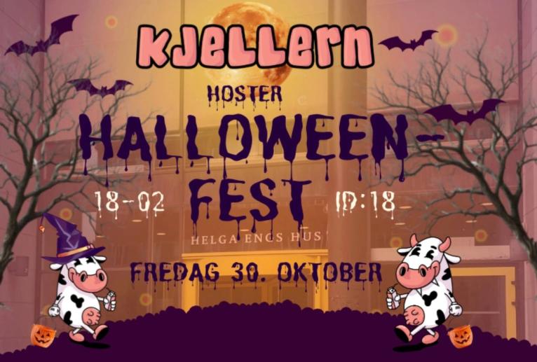 Halloween-plakat for Kjellern med flaggermus, nakne trær og utkledde tegneseriekyr. Festen arrangeres fredag 30. oktober fra kl. 18.02 til 10.18 i Helga Engs hus.