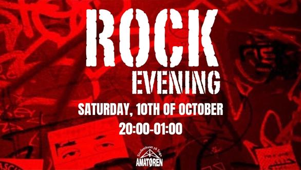 Rød arrangementsplakat for «Rock Evening» lørdag 10. oktober kl. 20.00–01.00, med hvit tekst over en bakgrunn av musikere og instrumenter.
