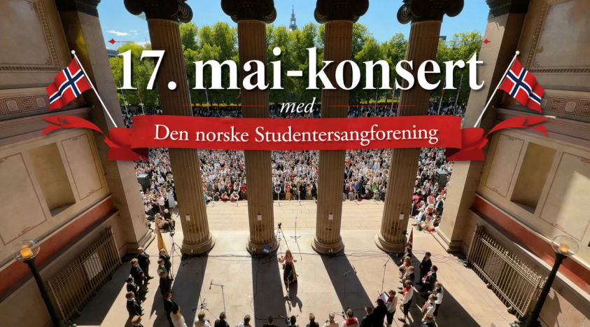 Plakat for 17. mai-konsert med Den norske Studentersangforening, med utsikt fra en søylegang ned mot en stor folkemengde og norske flagg på hver side.