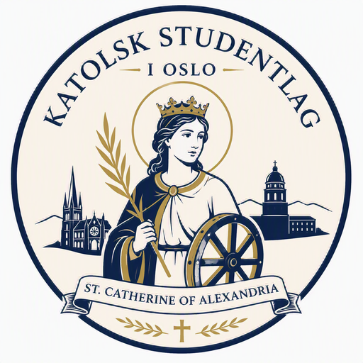 Rund logo for Katolsk Studentlag i Oslo med en illustrasjon av den kronede St. Katarina av Alexandria som holder et palmeblad og et hjul, omgitt av stiliserte kirker og teksten «St. Catherine of Alexandria» nederst.