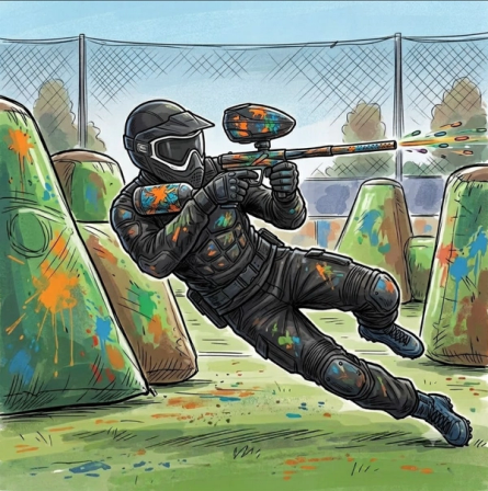 En person i full vernedrakt og hjelm sklir sidelengs mens hen skyter med en paintballmarkør på en utendørs bane omgitt av fargerike, malingssprutede oppblåsbare hinder.