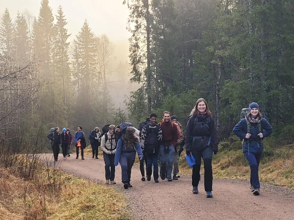 En gruppe turgåere med ryggsekker går langs en grusvei gjennom en tåkete barskog.