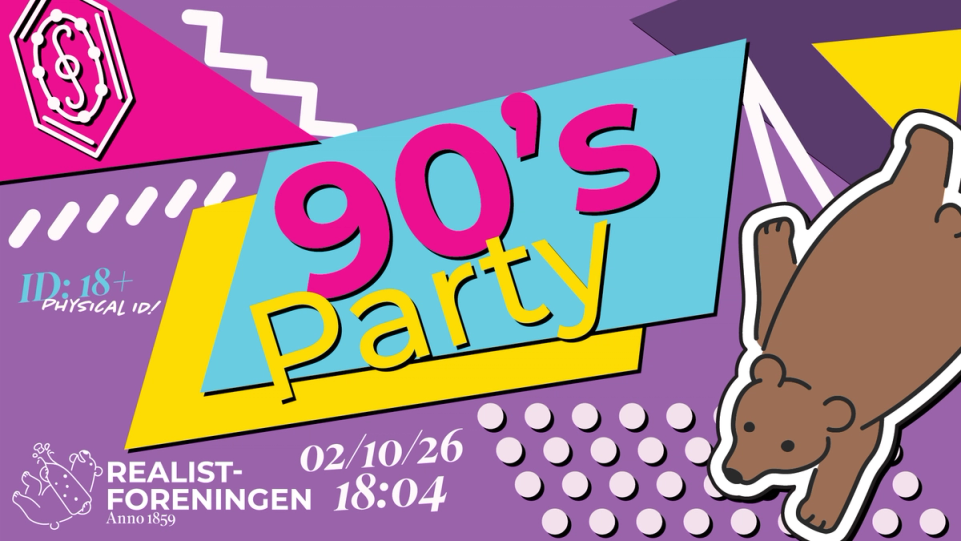 Fargerik retroplakat for «90's Party» med geometriske former, en illustrert brun bjørn og informasjon om arrangementet hos Realistforeningen 2. oktober 2026 kl. 18.04.