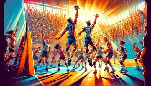 En intens volleyballkamp pågår i en fullsatt innendørshall, der to spillere hopper høyt ved nettet for å blokkere ballen mens publikum jubler i det varme sollyset som strømmer inn gjennom vinduene.