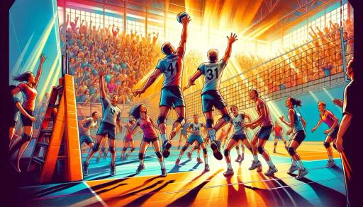 En intens volleyballkamp pågår i en fullsatt innendørshall, der to spillere hopper høyt ved nettet for å blokkere ballen mens publikum jubler i det varme sollyset som strømmer inn gjennom vinduene.