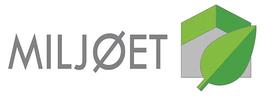 Logo med teksten «MILJØET» i grå skrift og en grafisk illustrasjon av et hus med grønne flater og et stort grønt blad foran, som symboliserer miljø og bærekraft.