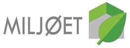 Logo med teksten «MILJØET» i grå skrift og en grafisk illustrasjon av et hus med grønne flater og et stort grønt blad foran, som symboliserer miljø og bærekraft.