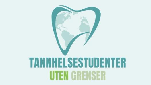 Logo med en stilisert tann som omkranser et verdenskart, og teksten «TANNHELSESTUDENTER UTEN GRENSER» i blågrønne nyanser under.