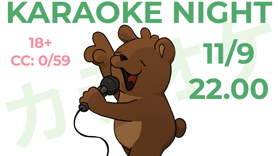 Plakat for karaokekveld 11. september kl. 22.00, med en syngende tegneseriebjørn som holder en mikrofon. Arrangementet har 18-årsgrense.