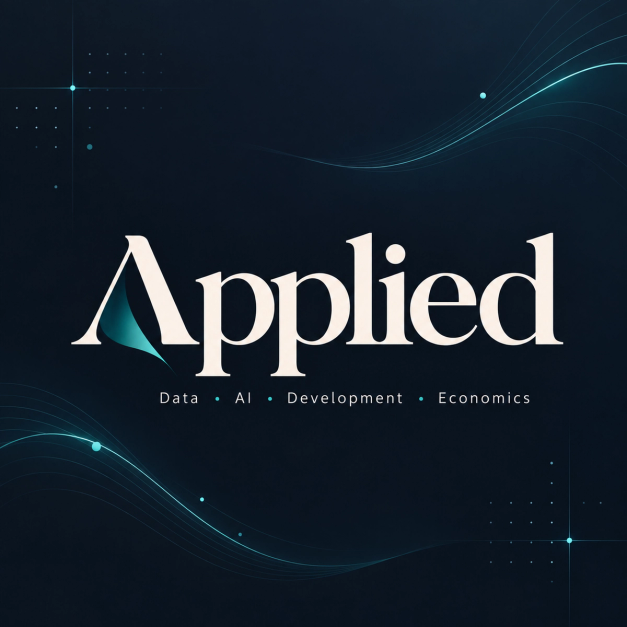 Applied-logo på mørk blå bakgrunn med turkise bølgelinjer og teksten «Data • AI • Development • Economics».