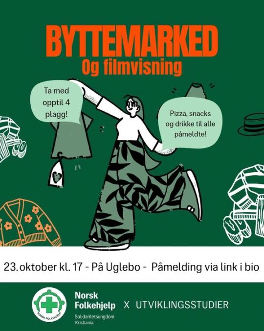 Grønn plakat for «Byttemarked og filmvisning» 23. oktober kl. 17 på Uglebo, med en illustrasjon av en person som holder klær. Deltakere kan ta med opptil fire plagg, og pizza, snacks og drikke serveres til alle påmeldte.