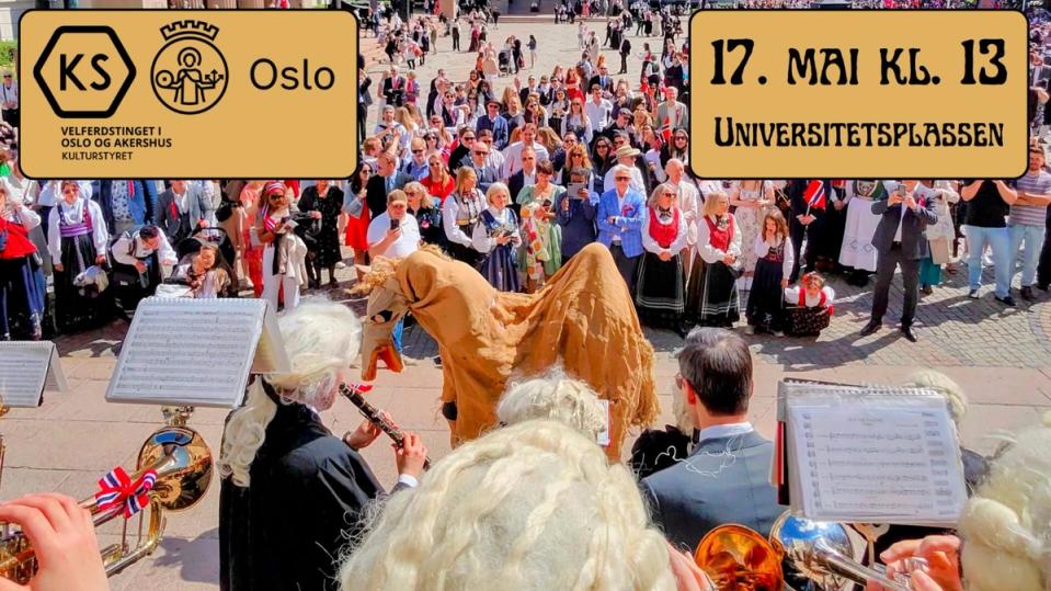 POV Corpsus Juris spiller på Universitetsplassen. Hesten Regina danser foran orkesteret. Publikum er pent kledd, filmer og smiler, det er jo tross alt 17. mai!