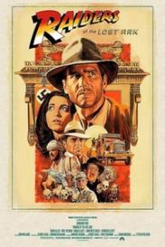 Illustrert filmplakat for «Raiders of the Lost Ark», med Indiana Jones i hatt omgitt av flere rollefigurer, en lastebil, hodeskaller og eventyrmotiver.