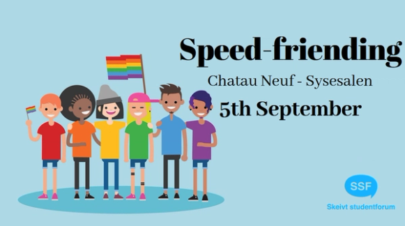 Illustrasjon av en mangfoldig gruppe unge med regnbueflagg, med invitasjon til «Speed-friending» i Sysesalen på Chateau Neuf 5. september, arrangert av Skeivt studentforum.