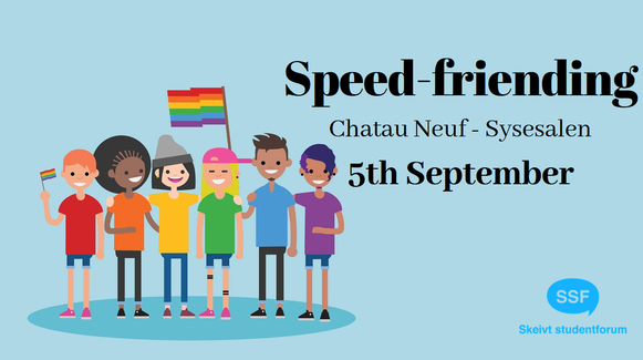 Illustrasjon av en mangfoldig gruppe unge med regnbueflagg, med invitasjon til «Speed-friending» i Sysesalen på Chateau Neuf 5. september, arrangert av Skeivt studentforum.