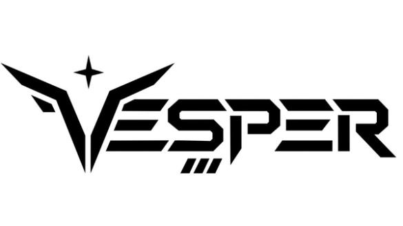 Svart, stilisert Vesper-logo på hvit bakgrunn, med et kantet emblem og en stjerne til venstre for ordet «VESPER».