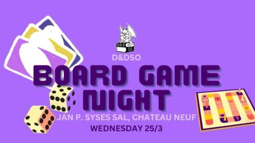 a purple poster with title of event and differend board games