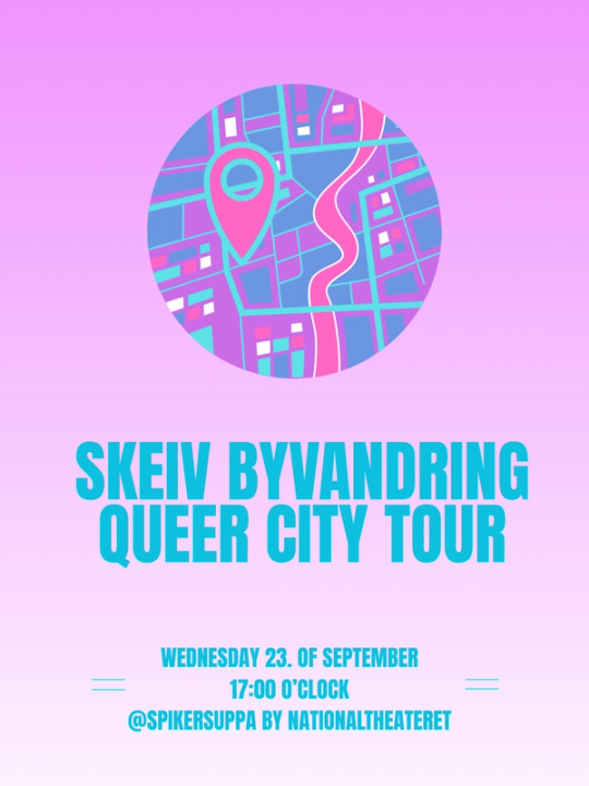Rosa plakat for «Skeiv byvandring – Queer City Tour», illustrert med et fargerikt bykart og en kartmarkør. Arrangementet finner sted onsdag 23. september kl. 17.00 ved Spikersuppa ved Nationaltheatret.