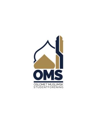 Logo for Oslomet Muslimsk Studentforening (OMS) med stilisert moské i gull og mørkeblått over forkortelsen OMS og foreningens fulle navn under.