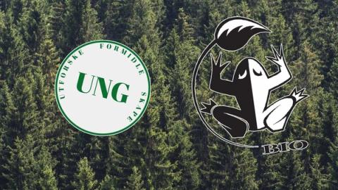 Logoene til Ung – Utforske, formidle, skape og BIO vises over en bakgrunn av tett granskog.