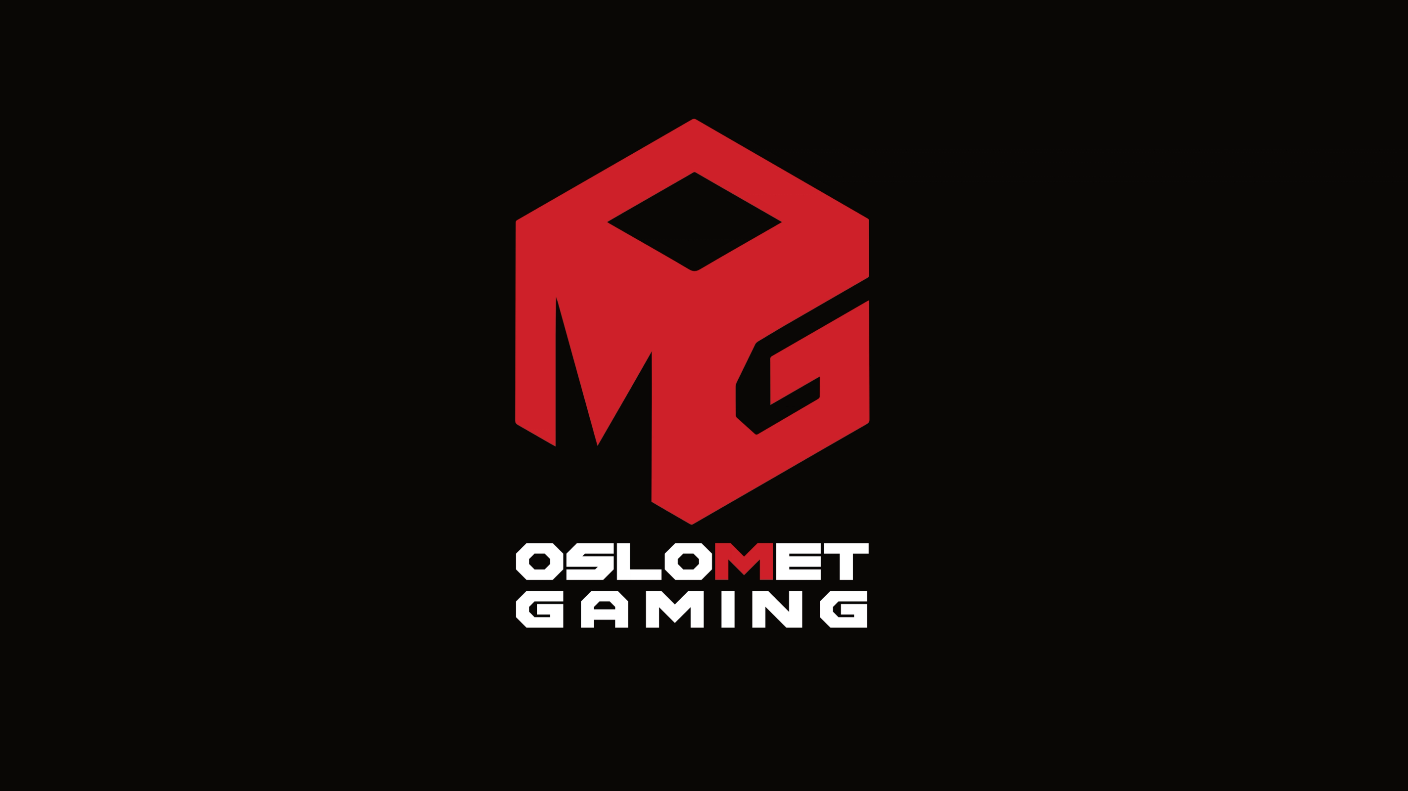 Oslomet Gaming logo featuring a red geometric cube with the letters “MG” above bold white and red text on a black background.