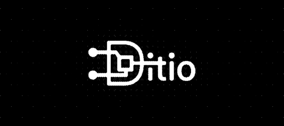 Hvit Ditio-logo med stilisert D formet som et kretskort på svart bakgrunn.