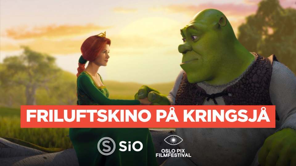 Shrek-filmplakat med tekst og logoer