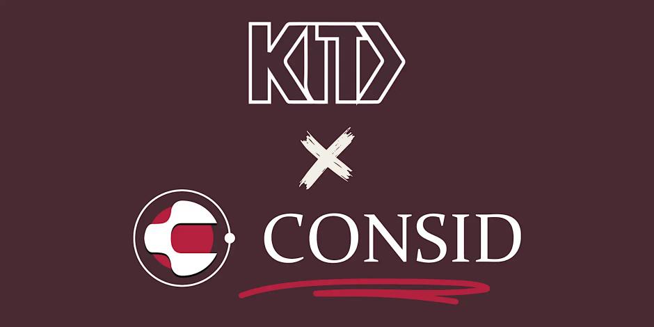 Logoene til KIT og CONSID vises på en mørk burgunder bakgrunn, adskilt av et hvitt kryss og med en rød understrek under CONSID.