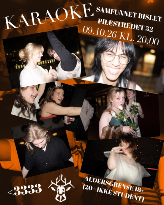Plakat for karaokekveld på Samfunnet Bislet i Pilestredet 52 den 9. oktober 2026 kl. 20.00, illustrert med en kollasj av festende og syngende unge mennesker. Arrangementet har 18-årsgrense, eller 20 år for ikke-studenter.