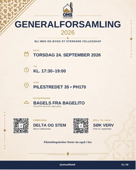 Plakat for OMS’ generalforsamling 2026, torsdag 24. september kl. 17.30–19.00 i Pilestredet 35, PH170, med bagels fra Bagelito og QR-koder for påmelding, stemming og vervsøknad.