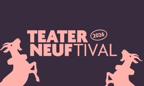 Grafikk med teksten «Teater Neuf Festival 2026» i rosa på mørk lilla bakgrunn, flankert av to stiliserte geitefigurer.