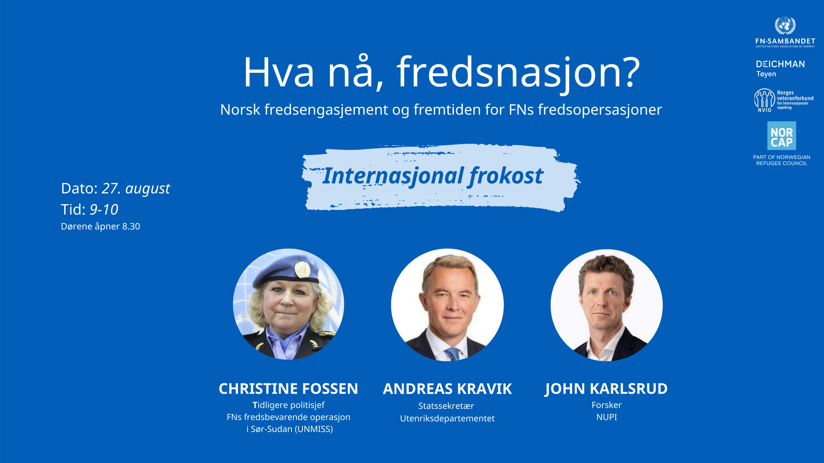 Grafikk med tekst og foto av foredragsholdere