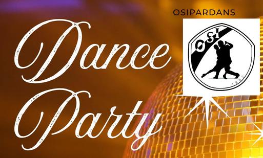 Plakat med teksten «Dance Party» og «OSIPARDANS», illustrert med en gyllen diskokule og en logo med et dansende par.